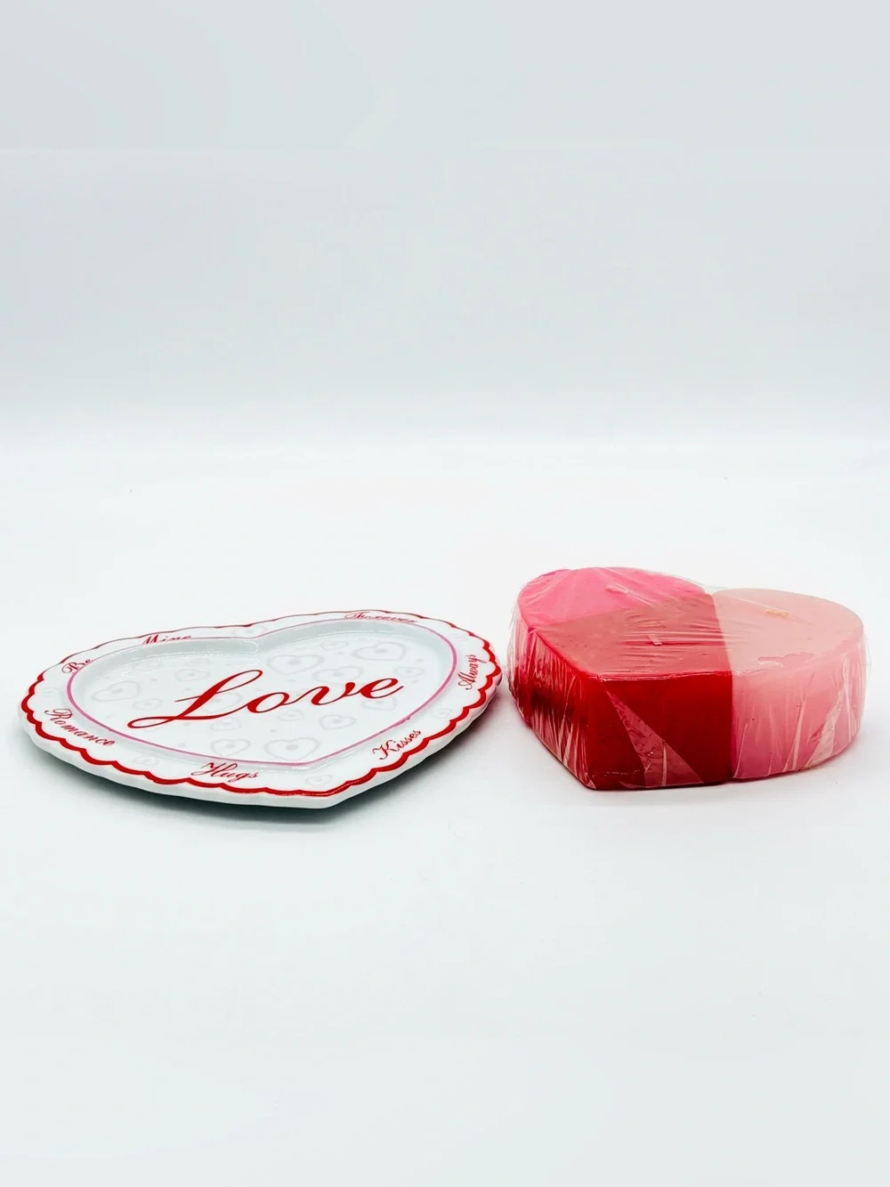 Vtg Romantic Love Heart Ceramic Tray 3 Piece Interlocking Candle Set 3D Coquette